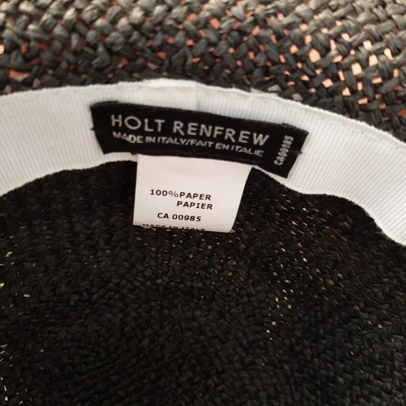 HOLT RENFREW Italy Black Paper White trim Rimmed Ladies Sun Hat 21.5" - Picture 5 of 5